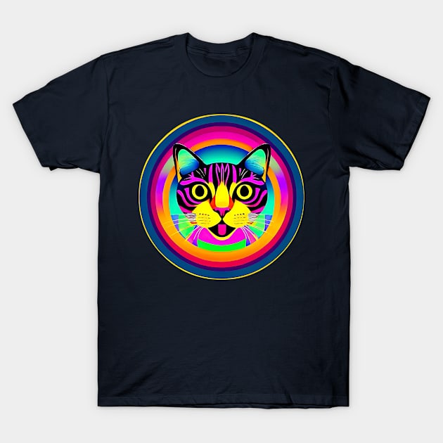 Funny Purple And Yellow Cat Inside The Colorful Round Frame T-Shirt by funfun